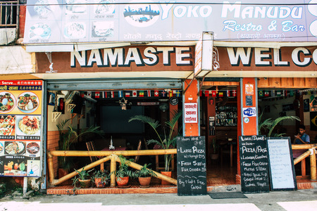 Pokhara Nepal September 13, 2018 View of the facade of a restaurant located in New road street at Lake side Pokhara in the morningのeditorial素材