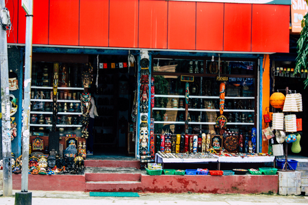 Pokhara Nepal September 13, 2018 View of the facade of a Nepalese shop located in New road street at Lake side Pokhara in the morningのeditorial素材