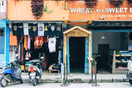 Pokhara Nepal September 13, 2018 View of the facade of a Nepalese shop located in New road street at Lake side Pokhara in the morningのeditorial素材