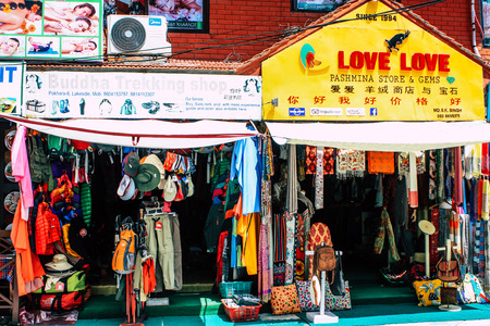 Pokhara Nepal September 13, 2018 View of the facade of a Nepalese shop located in New road street at Lake side Pokhara in the morningのeditorial素材