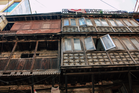 Kathmandu Nepal September 8, 2018 View of the facade of a traditional Nepalese building in the streets of Kathmandu in the eveningのeditorial素材