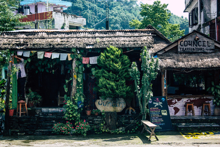 Pokhara Nepal September 13, 2018 View of the facade of a restaurant located in New road street at Lake side Pokhara in the morningのeditorial素材