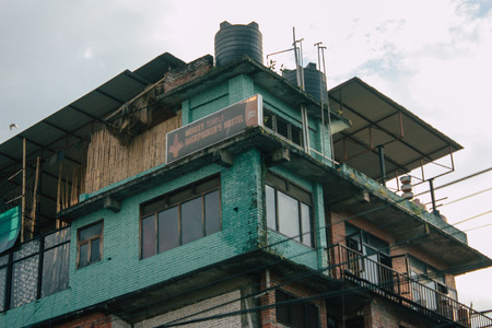 Kathmandu Nepal September 8, 2018 View of the facade of a traditional Nepalese building in the streets of Kathmandu in the eveningのeditorial素材