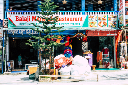 Pokhara Nepal September 13, 2018 View of the facade of a restaurant located in New road street at Lake side Pokhara in the morningのeditorial素材