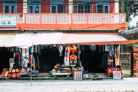 Pokhara Nepal September 13, 2018 View of the facade of a Nepalese shop located in New road street at Lake side Pokhara in the morningのeditorial素材