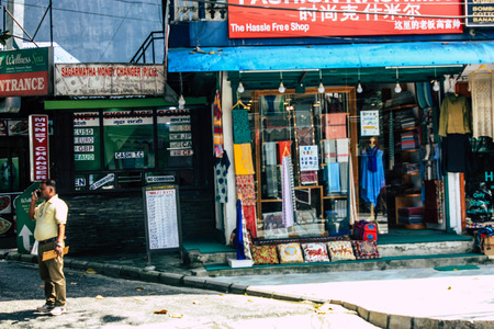 Pokhara Nepal September 13, 2018 View of the facade of a Nepalese shop located in New road street at Lake side Pokhara in the morningのeditorial素材