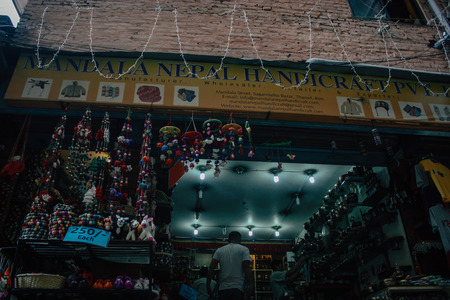 Kathmandu Nepal September 8, 2018 View of the facade of a traditional Nepalese building in the streets of Kathmandu in the eveningのeditorial素材