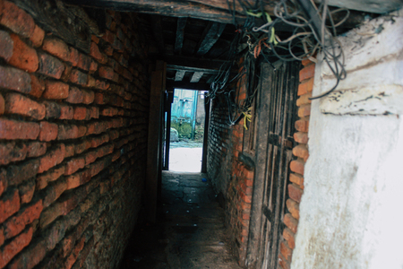 Kathmandu Nepal September 8, 2018 View of the facade of a traditional Nepalese building in the streets of Kathmandu in the eveningのeditorial素材
