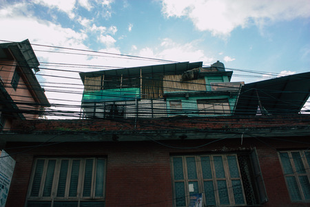 Kathmandu Nepal September 8, 2018 View of the facade of a traditional Nepalese building in the streets of Kathmandu in the eveningのeditorial素材