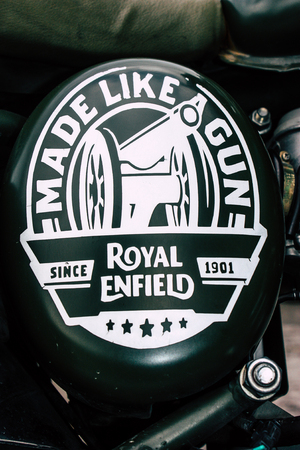 Pokhara Nepal September 18, 2018 Closeup of an Royal Enfield motorcycle parked in New road street...