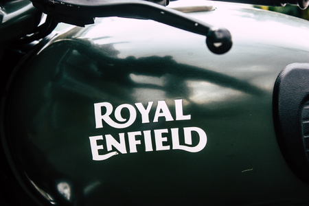 Pokhara Nepal September 18, 2018 Closeup of an Royal Enfield motorcycle parked in New road street...