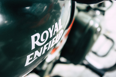 Pokhara Nepal September 18, 2018 Closeup of an Royal Enfield motorcycle parked in New road street Lakeside in Pokhara in the morningのeditorial素材