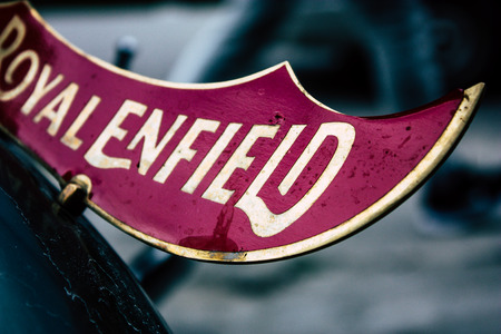 Pokhara Nepal September 18, 2018 Closeup of an Royal Enfield motorcycle parked in New road street Lakeside in Pokhara in the morningのeditorial素材