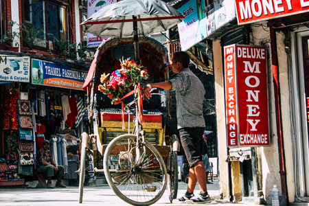 Kathmandu Nepal September 10, 2018 View of unknown Nepali people driving a touk touk in Thamel...