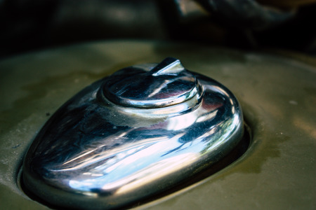 Pokhara Nepal September 18, 2018 Closeup of a Royal Enfield motorcycle parked in the street of Pokhara in the afternoonのeditorial素材