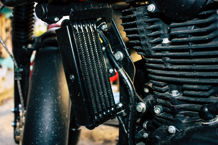 Pokhara Nepal September 18, 2018 Closeup of a Royal Enfield motorcycle parked in the street of Pokhara in the afternoonのeditorial素材