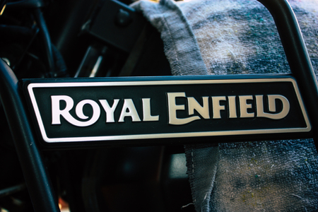 Pokhara Nepal September 18, 2018 Closeup of a Royal Enfield motorcycle parked in the street of...