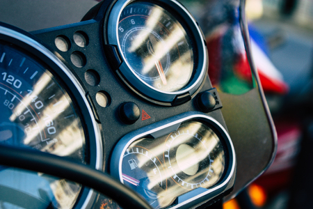 Pokhara Nepal September 18, 2018 Closeup of a Royal Enfield motorcycle parked in the street of Pokhara in the afternoonのeditorial素材