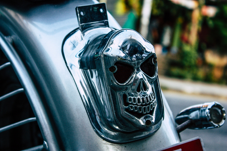 Pokhara Nepal September 18, 2018 Closeup of a Royal Enfield motorcycle parked in the street of Pokhara in the afternoonのeditorial素材