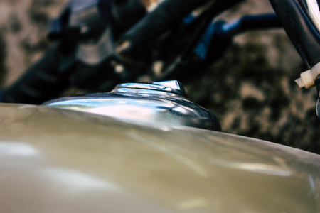 Pokhara Nepal September 18, 2018 Closeup of a Royal Enfield motorcycle parked in the street of Pokhara in the afternoonのeditorial素材