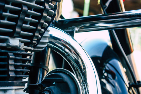 Pokhara Nepal September 18, 2018 Closeup of a Royal Enfield motorcycle parked in the street of Pokhara in the afternoonのeditorial素材