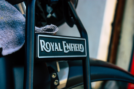 Pokhara Nepal September 18, 2018 Closeup of a Royal Enfield motorcycle parked in the street of Pokhara in the afternoonのeditorial素材