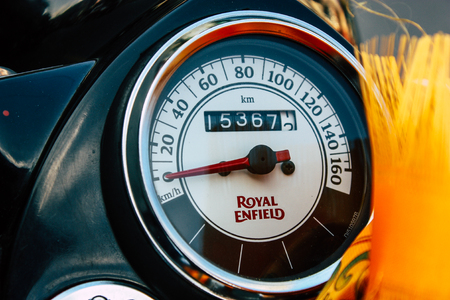 Pokhara Nepal September 18, 2018 Closeup of a Royal Enfield motorcycle parked in the street of Pokhara in the afternoonのeditorial素材