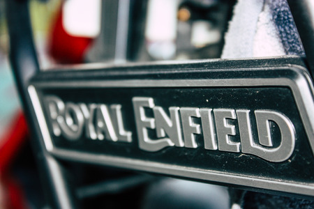 Pokhara Nepal September 18, 2018 Closeup of a Royal Enfield motorcycle parked in the street of...