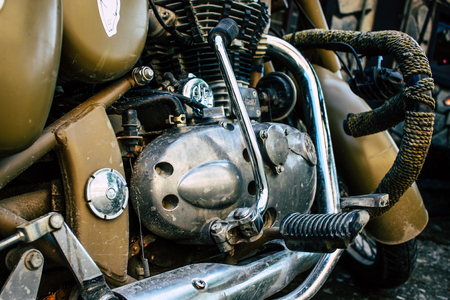Pokhara Nepal September 18, 2018 Closeup of a Royal Enfield motorcycle parked in the street of Pokhara in the afternoonのeditorial素材