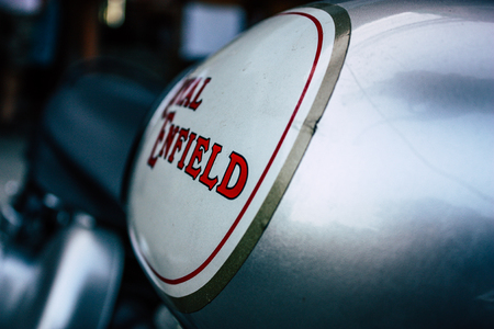 Pokhara Nepal September 18, 2018 Closeup of a Royal Enfield motorcycle parked in the street of...