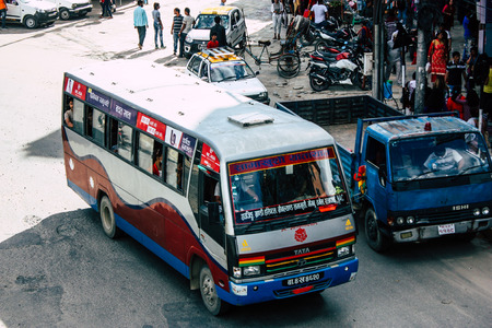 Pokhara Nepal September 18, 2018 Closeup of a Nepali local bus at New road street in Pokhara in the morningのeditorial素材