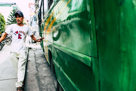 Pokhara Nepal September 18, 2018 Closeup of a Nepali local bus at New road street in Pokhara in the morningのeditorial素材