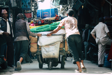 Kathmandu Nepal September 10, 2018 View of unknown Nepali people working at Thamel street in Kathmandu in the morningのeditorial素材