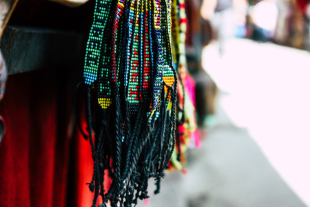 Pokhara Nepal September 18, 2018 Closeup of traditional Nepali decorative objects sold in a souvenir shop in Pokhara in the morningのeditorial素材