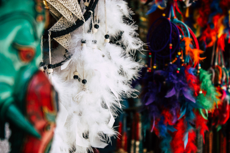 Pokhara Nepal September 18, 2018 Closeup of traditional Nepali decorative objects sold in a souvenir shop in Pokhara in the morningのeditorial素材