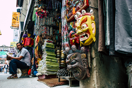 Pokhara Nepal September 18, 2018 Closeup of traditional Nepali decorative objects sold in a souvenir shop in Pokhara in the morningのeditorial素材