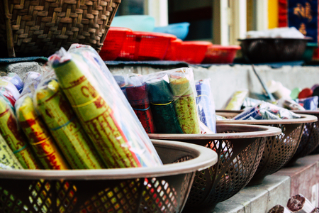 Pokhara Nepal September 18, 2018 Closeup of traditional Nepali decorative objects sold in a souvenir shop in Pokhara in the morningのeditorial素材