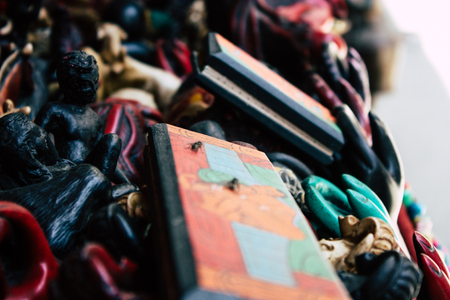 Pokhara Nepal September 18, 2018 Closeup of traditional Nepali decorative objects sold in a souvenir...
