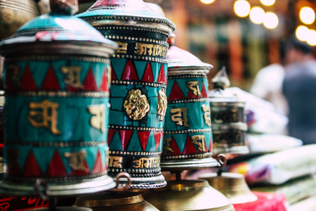 Pokhara Nepal September 18, 2018 Closeup of traditional Nepali decorative objects sold in a souvenir...