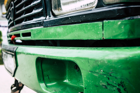 Pokhara Nepal September 18, 2018 Closeup of a Nepali local bus at New road street in Pokhara in the morningのeditorial素材