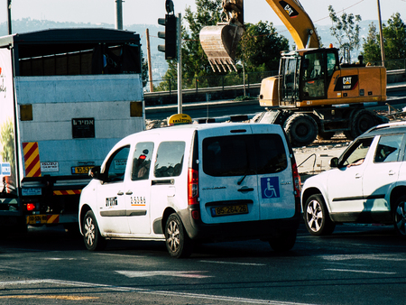 Jerusalem Israel September 12, 2018 View of a Israeli taxi in the street of Jerusalem in the afternoonのeditorial素材
