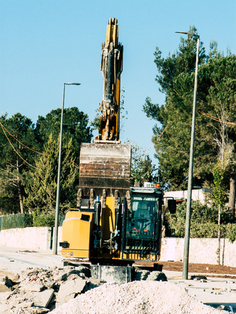Jerusalem Israel September 10, 2018 View of a yellow truck in a construction site near Jerusalem in...