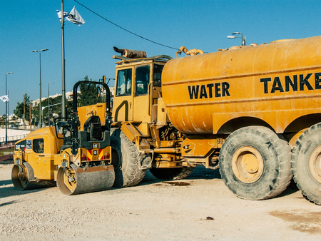 Jerusalem Israel September 10, 2018 View of a yellow truck in a construction site near Jerusalem in the afternoonのeditorial素材