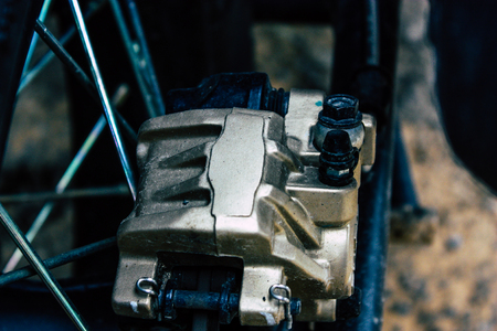 Pokhara Nepal September 22, 2018 Closeup of a Royal Enfield motorcycle parked in the streets of Pokhara in the afternoonのeditorial素材
