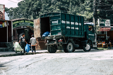 Pokhara Nepal September 22, 2018 Closeup of a local truck at New road street in Pokhara in the morningのeditorial素材