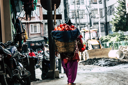 Kathmandu Nepal September 10, 2018 Closeup of a Nepalese porter working in Thamel district in Kathmandu in the morningのeditorial素材