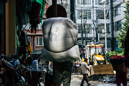 Kathmandu Nepal September 10, 2018 Closeup of a Nepalese porter working in Thamel district in...