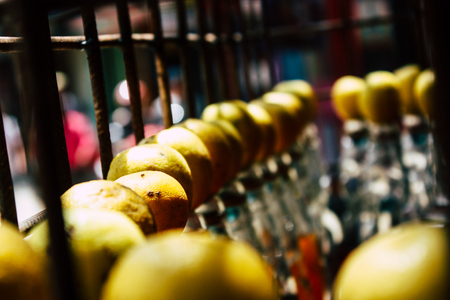Kathmandu Nepal September 19, 2018 Closeup of sodas and lemons on the top sold in the street of Thamel in Kathmandu in the morningの写真素材
