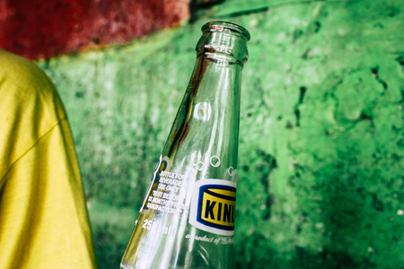 Kathmandu Nepal September 27, 2018 Closeup of a classic Kinley glass bottle soda sold in Kathmandu, Nepalのeditorial素材