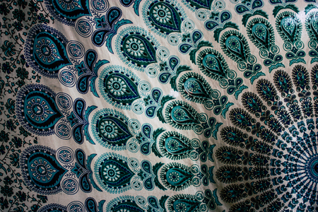Kathmandu Nepal September 27, 2018 Closeup of a traditional Nepalese tapestry hanging on a wall in Kathmanduの写真素材